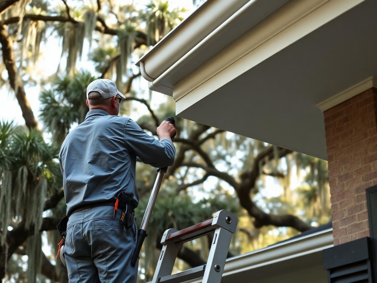 Wildlife exclusion technician on ladder inspecting a Florida home's roofline
