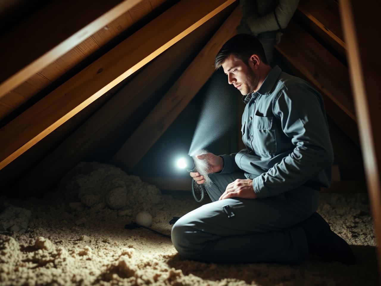 Attic Cleanup and Sanitation: technician inspecting an attic and roofline for wildlife activity